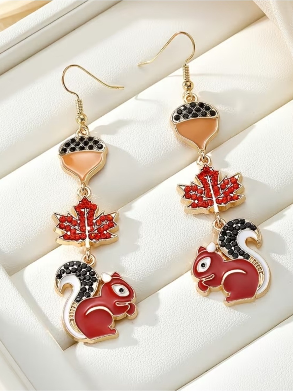Fall Squirrel Maple Leaf Acorn Rhinestone Statement Earrings